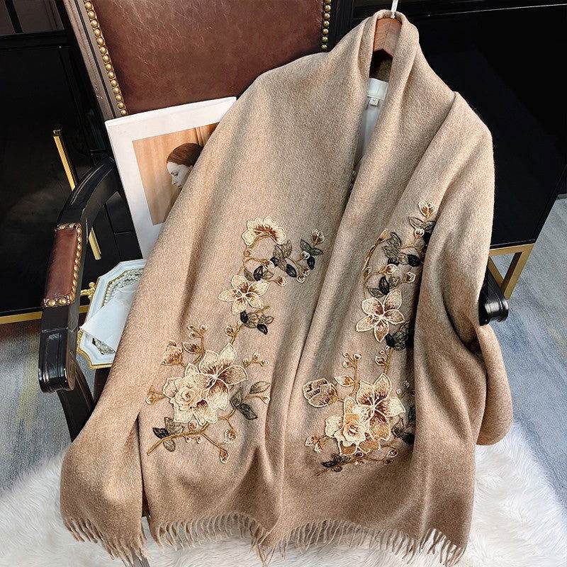 Embroidery 100% Pure Cashmere Scarf Gardenia 200x60 cm - SinoCultural -- HYFSJ037