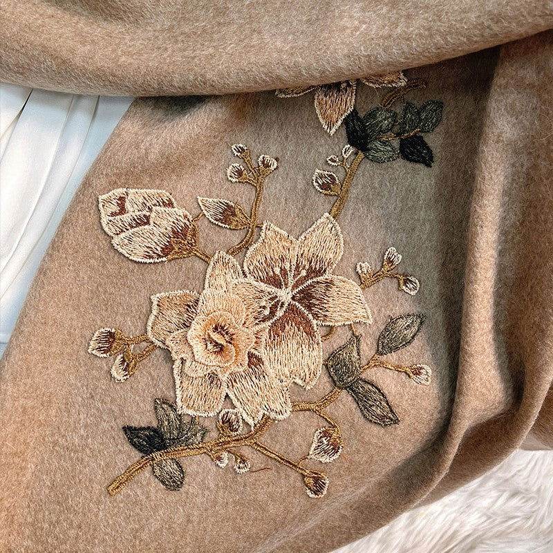 Embroidery 100% Pure Cashmere Scarf Gardenia 200x60 cm - SinoCultural -- HYFSJ037
