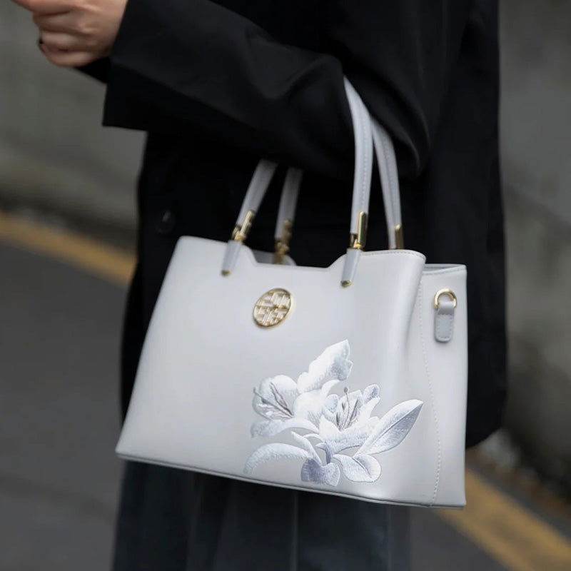 Embroidery Leather Grey Tote Bag Azalea Women Handbag - SinoCultural -- P120321