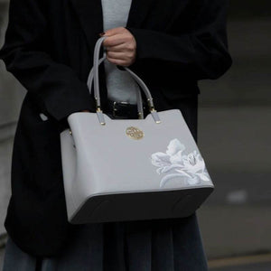 Embroidery Leather Grey Tote Bag Azalea Women Handbag - SinoCultural -- P120321