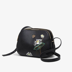 Embroidery Leather Shoulder Bag Black Lotus Handbag - SinoCultural -- YC383R1