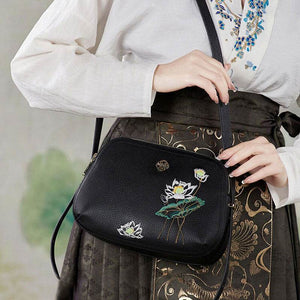 Embroidery Leather Shoulder Bag Black Lotus Handbag - SinoCultural -- YC383R1
