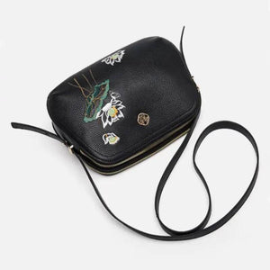 Embroidery Leather Shoulder Bag Black Lotus Handbag - SinoCultural -- YC383R1