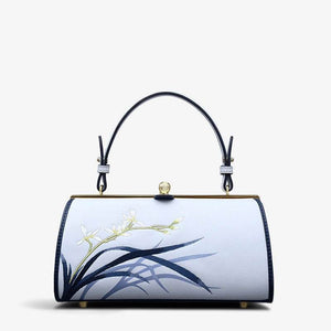 Embroidery Leather Blue Kiss Lock Bag Orchid Cylinder Chain Handbag - SinoCultural -- P120117