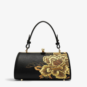 Embroidery Leather Kiss Lock Bag Royal Gold Peony Luxury Handbag - SinoCultural -- P110149-2