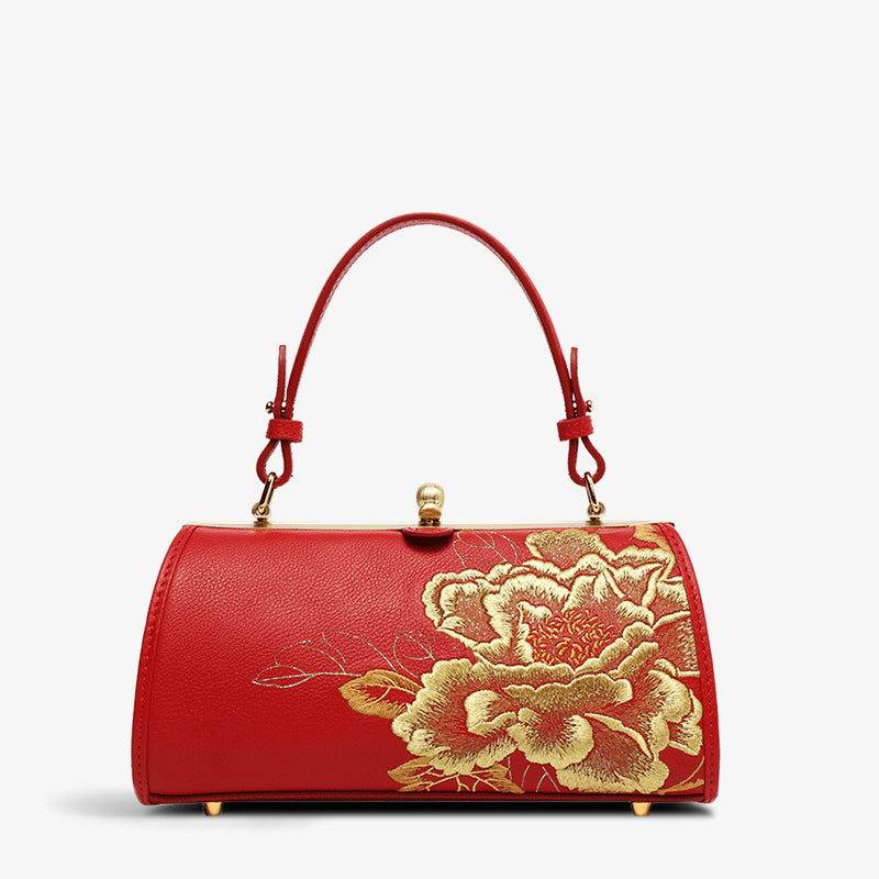 Embroidery Leather Kiss Lock Bag Royal Gold Peony Luxury Handbag - SinoCultural -- P110149-2