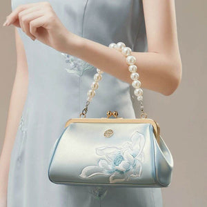 Embroidery Leather Kiss Lock Clutch Bag Lotus Evening Handbag - SinoCultural -- P220251