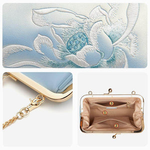 Embroidery Leather Kiss Lock Clutch Bag Lotus Evening Handbag - SinoCultural -- P220251
