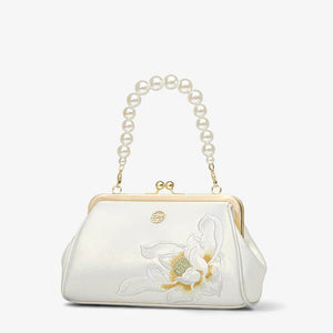 Embroidery Leather Kiss Lock Clutch Bag Lotus Evening Handbag - SinoCultural -- P220251