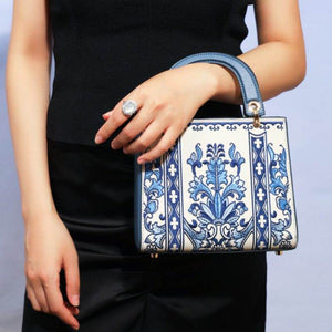 Handcrafted Embroidery Leather Handbag Blue and White Porcelain - SinoCultural -- CXXB048B
