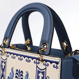 Handcrafted Embroidery Leather Handbag Blue and White Porcelain - SinoCultural -- CXXB048B