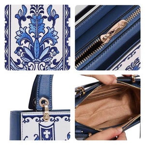 Handcrafted Embroidery Leather Handbag Blue and White Porcelain - SinoCultural -- CXXB048B