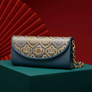 Embroidery Leather Clutch Bag Auspicious Cloud Designer Handbag - SinoCultural -- SC1601-R1