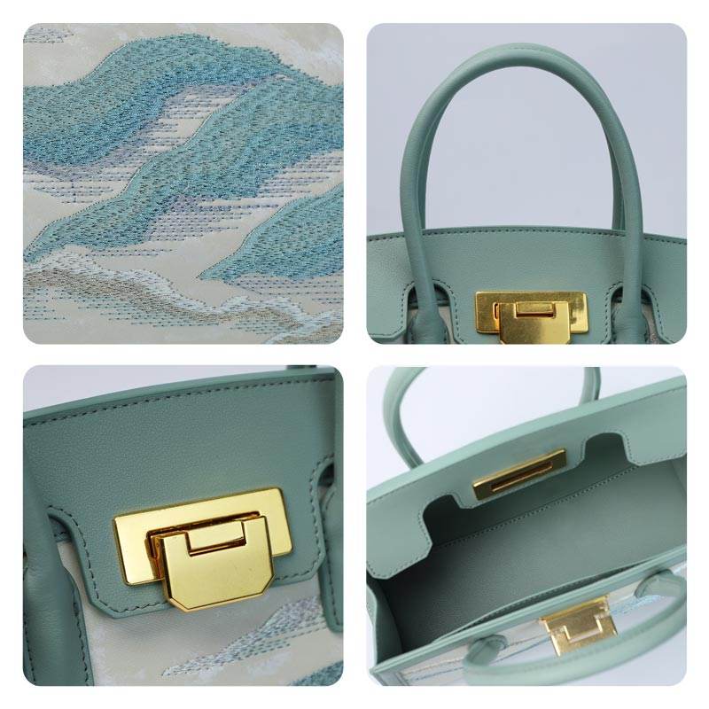 Embroidery Leather Elegant Birkin Handbag Cloud Mountain - SinoCultural -- P120659-1