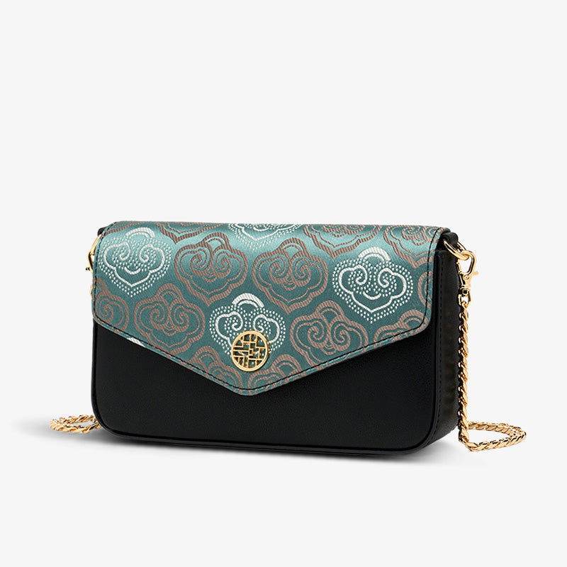 Embroidery Leather Flap Clutch Bag Auspicious Clouds Handbag - SinoCultural -- 1245251-5