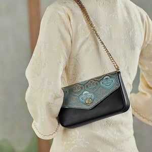 Embroidery Leather Flap Clutch Bag Auspicious Clouds Handbag - SinoCultural -- 1245251-5