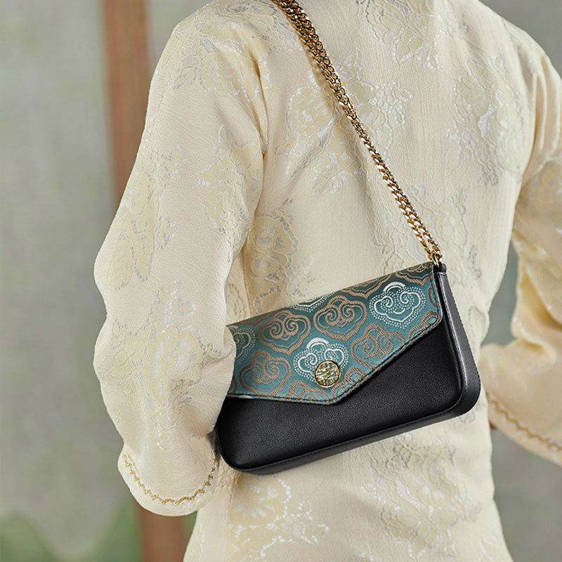 Embroidery Leather Flap Clutch Bag Auspicious Clouds Handbag - SinoCultural -- 1245251-5
