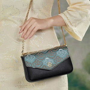 Embroidery Leather Flap Clutch Bag Auspicious Clouds Handbag - SinoCultural -- 1245251-5