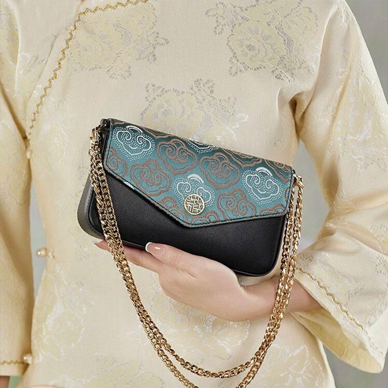 Embroidery Leather Flap Clutch Bag Auspicious Clouds Handbag - SinoCultural -- 1245251-5