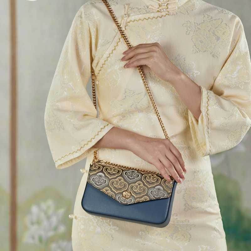 Embroidery Leather Flap Clutch Bag Auspicious Clouds Handbag - SinoCultural -- 1245251-5