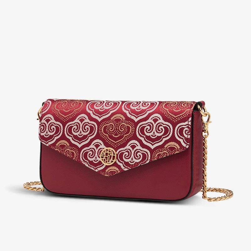 Embroidery Leather Flap Clutch Bag Auspicious Clouds Handbag - SinoCultural -- 1245251-5