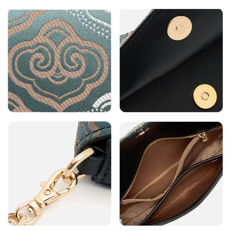 Embroidery Leather Flap Clutch Bag Auspicious Clouds Handbag - SinoCultural -- 1245251-5