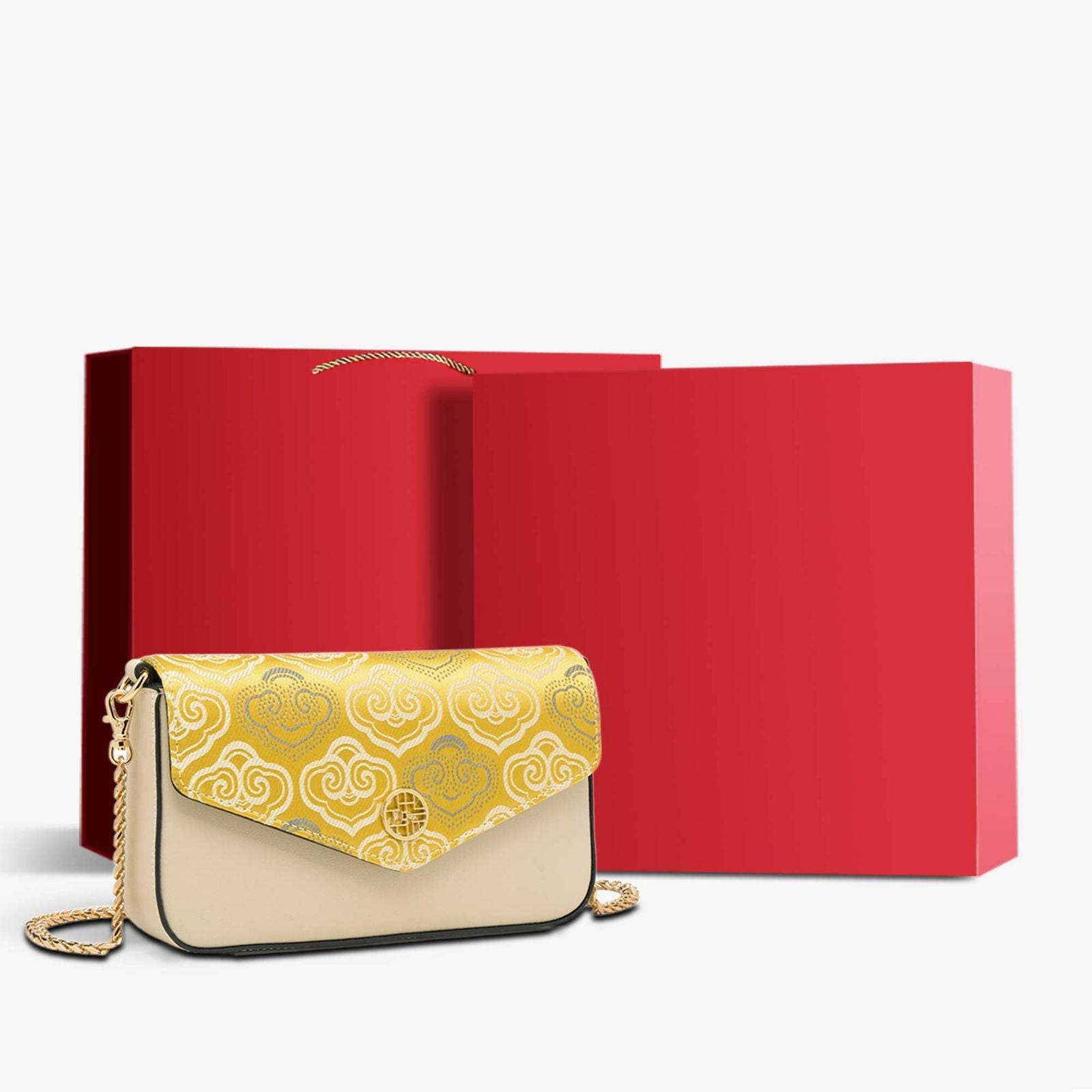 Embroidery Leather Flap Clutch Bag Auspicious Clouds Handbag - SinoCultural -- 1245251-5