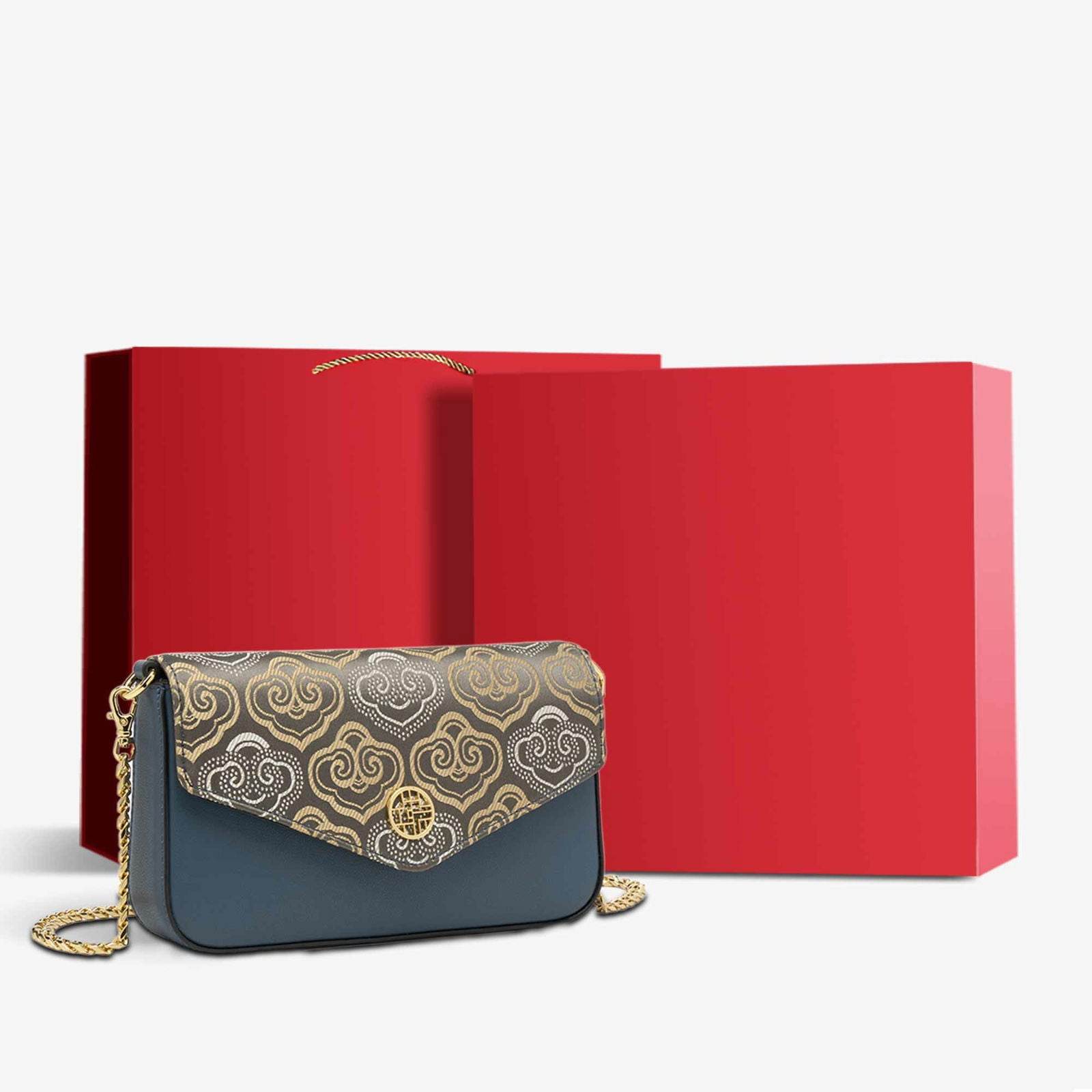 Embroidery Leather Flap Clutch Bag Auspicious Clouds Handbag - SinoCultural -- 1245251-5