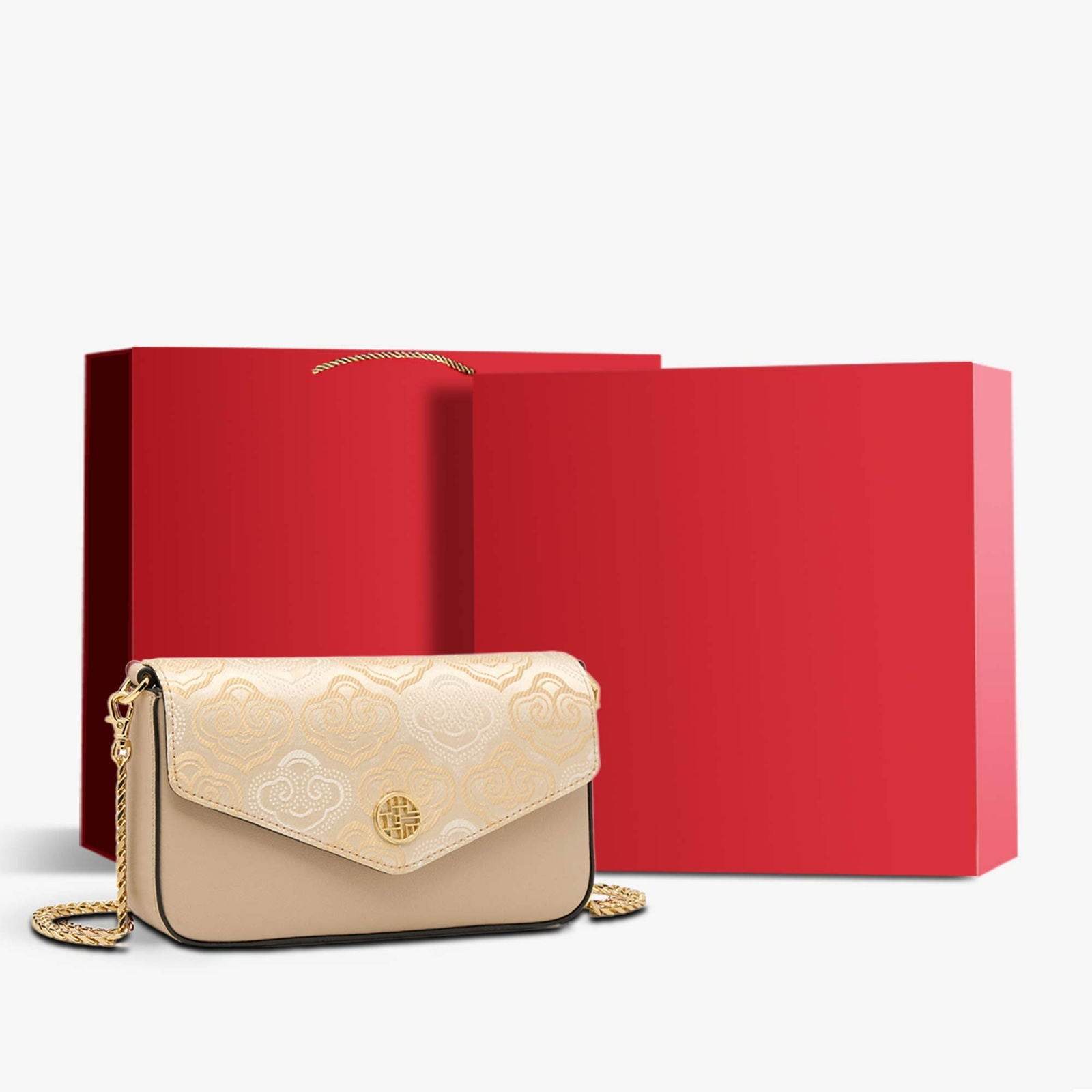 Embroidery Leather Flap Clutch Bag Auspicious Clouds Handbag - SinoCultural -- 1245251-5