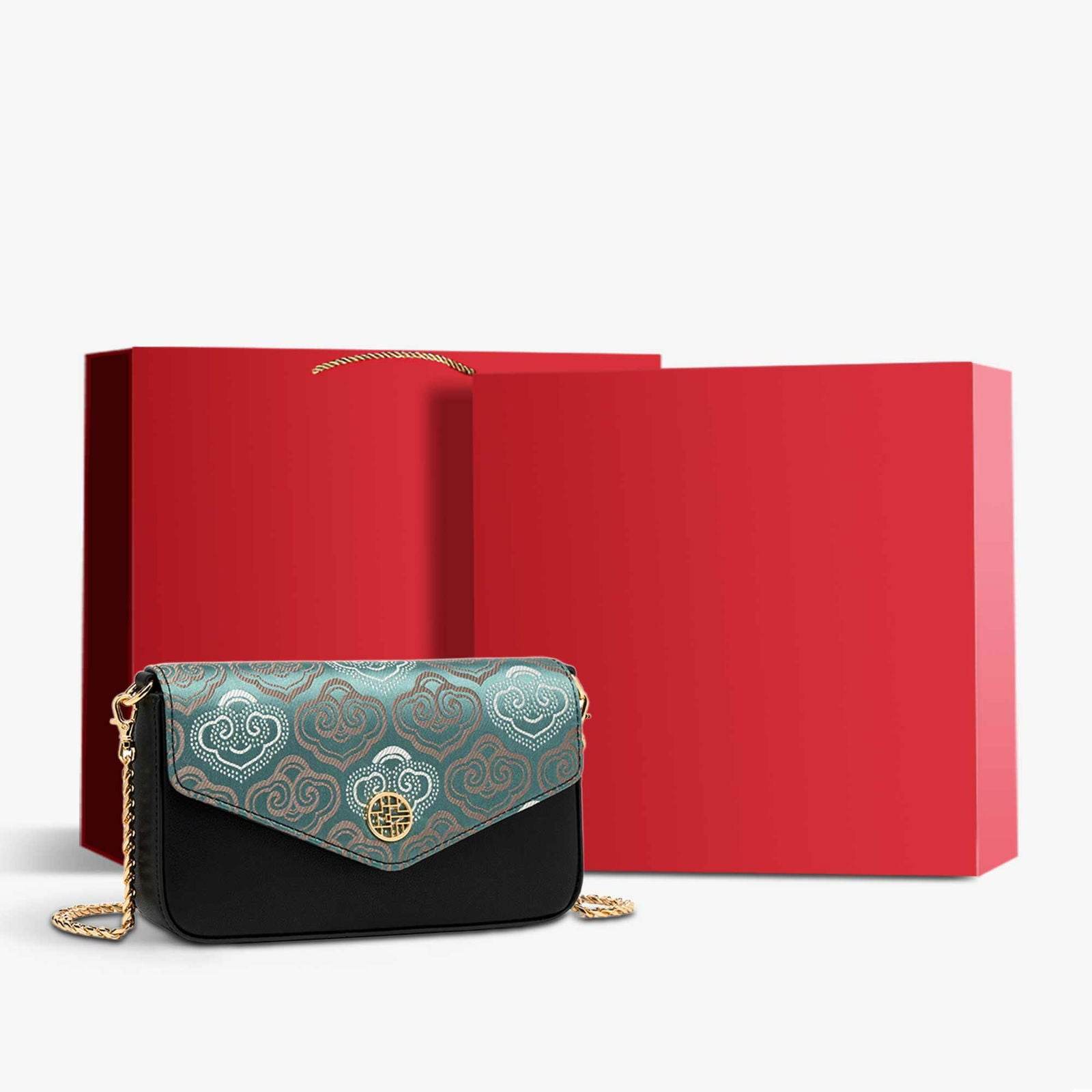 Embroidery Leather Flap Clutch Bag Auspicious Clouds Handbag - SinoCultural -- 1245251-5