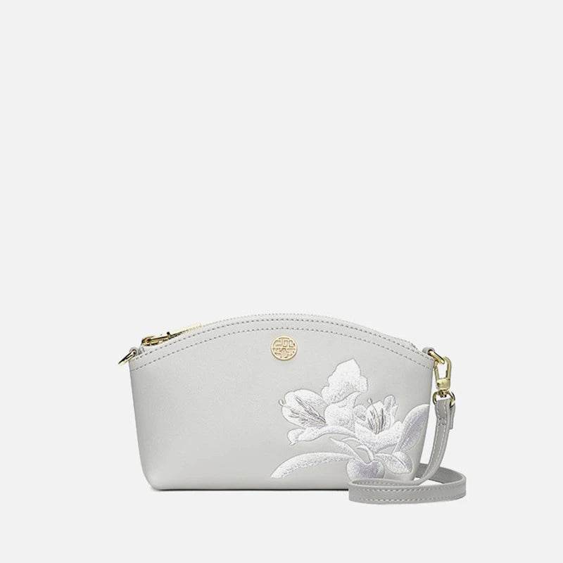 Embroidery Leather Grey Camellia Women Handbag Wallet - SinoCultural -- P220248-3