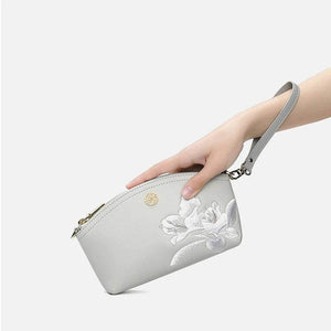 Embroidery Leather Grey Camellia Women Handbag Wallet - SinoCultural -- P220248-3