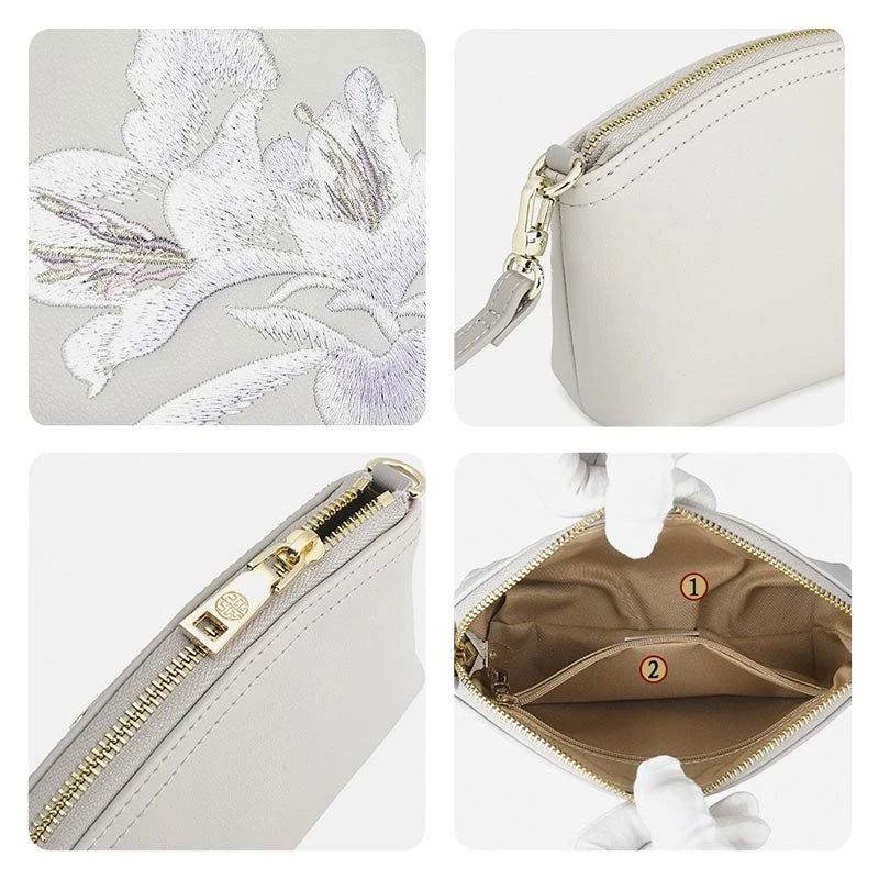 Embroidery Leather Grey Camellia Women Handbag Wallet - SinoCultural -- P220248-3