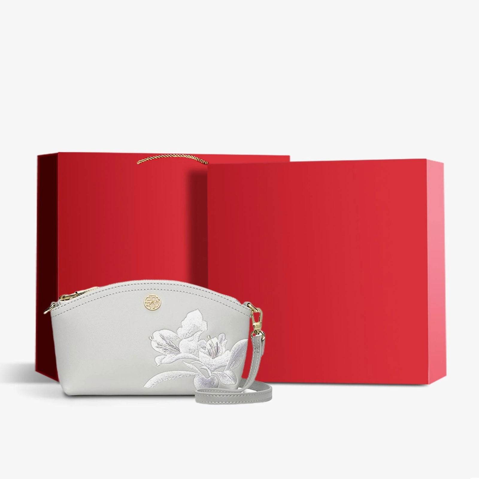 Embroidery Leather Grey Camellia Women Handbag Wallet - SinoCultural -- P220248-3
