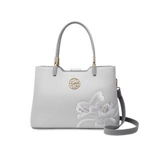 Embroidery Leather Grey Tote Bag Azalea Women Handbag - SinoCultural -- P120321