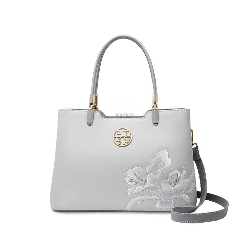 Embroidery Leather Grey Tote Bag Azalea Women Handbag - SinoCultural -- P120321