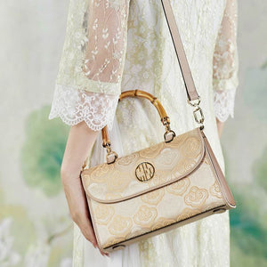 Embroidery Leather Bag Zhuang Brocade Bamboo Handle Handbag - SinoCultural -- SC1686-G1