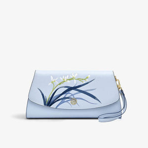 Embroidery Leather Clutch Bag Blue Orchid Elegant Handbag - SinoCultural -- P520009