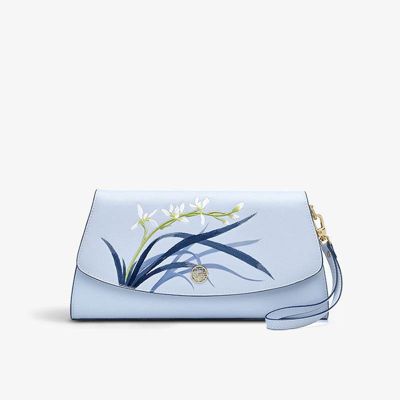 Embroidery Leather Clutch Bag Blue Orchid Elegant Handbag - SinoCultural -- P520009