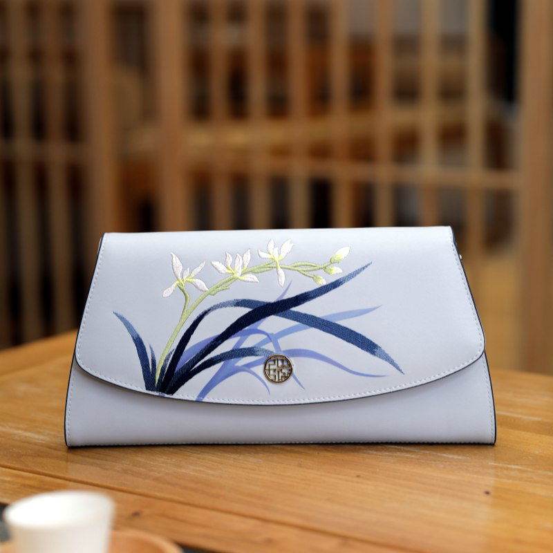 Embroidery Leather Clutch Bag Blue Orchid Elegant Handbag - SinoCultural -- P520009
