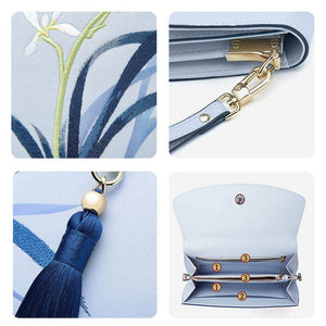 Embroidery Leather Clutch Bag Blue Orchid Elegant Handbag - SinoCultural -- P520009