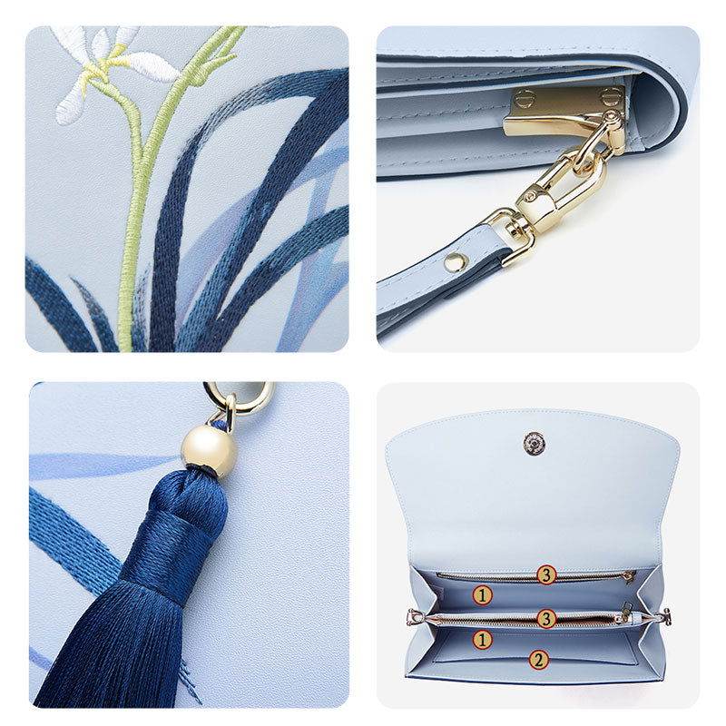 Embroidery Leather Clutch Bag Blue Orchid Elegant Handbag - SinoCultural -- P520009