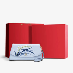 Embroidery Leather Clutch Bag Blue Orchid Elegant Handbag - SinoCultural -- P520009
