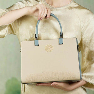 Embroidery Leather Ladies Tote Bag Chinese Style Handbag - SinoCultural -- SC1611-B2