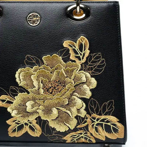 Embroidery Leather Black Lady Bag Gold Peony Luxury Handbag - SinoCultural -- P110146-1