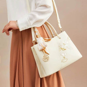 Embroidery Leather Magnolia Tote Bag Elegant Women Handbag with Scarf - SinoCultural -- P120348-3