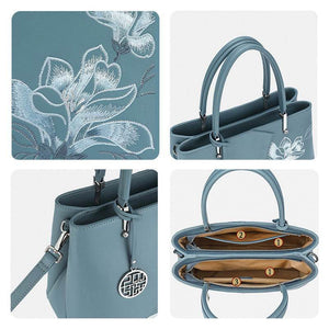 Embroidery Leather Magnolia Tote Bag Elegant Women Handbag with Scarf - SinoCultural -- P120348-3