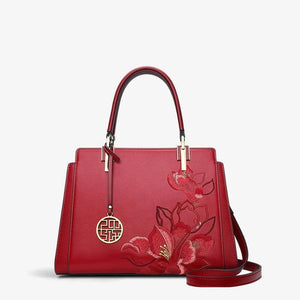 Embroidery Leather Magnolia Crossbody Tote Bag Women Handbag - SinoCultural -- P120335-2