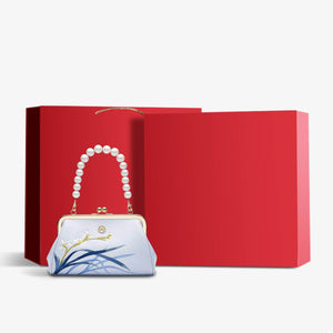 Embroidery Leather Blue Chain Kiss Lock Clutch Handbag Orchid - SinoCultural -- P220063