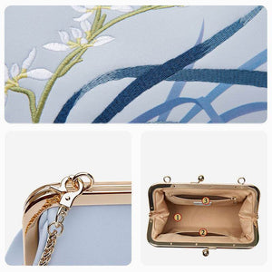 Embroidery Leather Blue Chain Kiss Lock Clutch Handbag Orchid - SinoCultural -- P220063